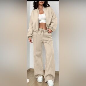 Women's Casual Khaki striped Long Sleeve Zipper Jacket and Pants Set